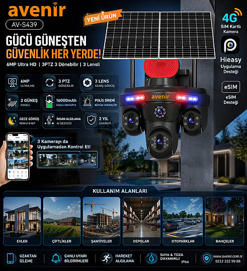 AVENİR AV-S439 4G 3 Kameralı 3PTZ Solar eSIM Güvenlik Kamerası - 2