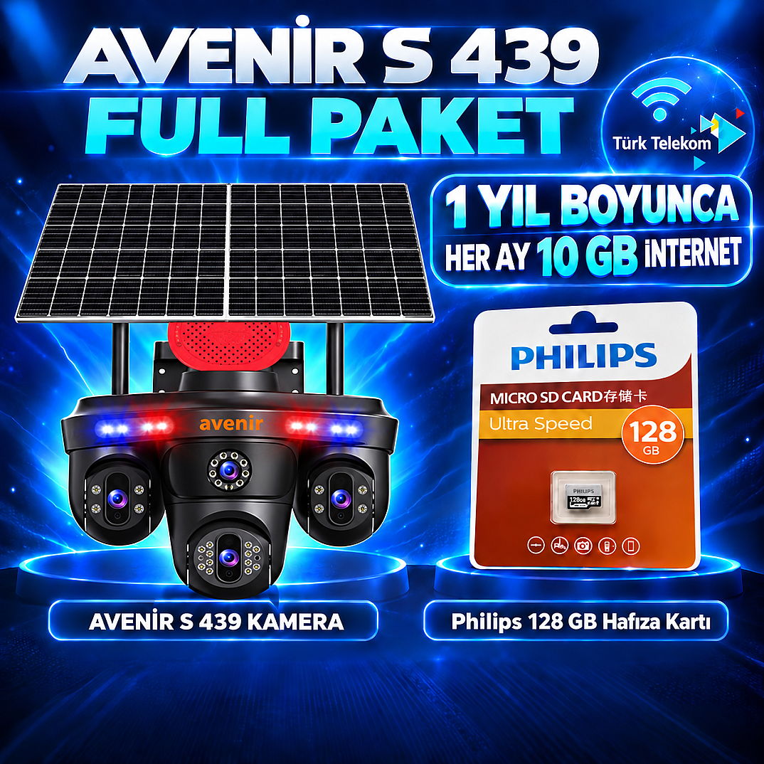Avenir AV-S439 Solar 4G Kamera Full Paket – Philips 128 GB Hafıza Kartı ve 1 Yıl Boyunca Her Ay 10 GB Türk Telekom İnternet - 1