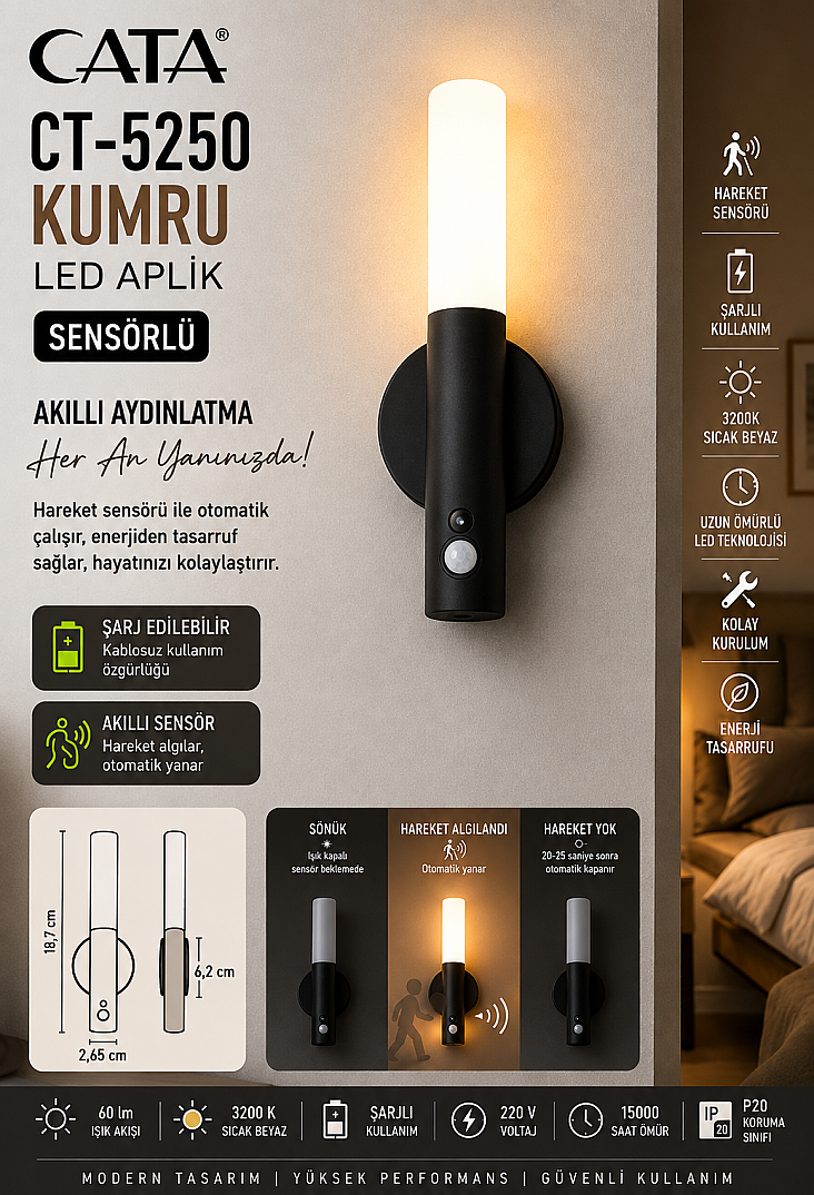 CT-5250 KUMRU ŞARJLI LED DUVAR APLİK GÜNIŞIĞI SİYAH - 1