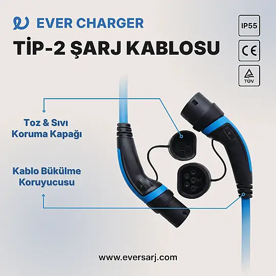 Ever Charger TİP 2 Elektrikli Araç Şarj Kablosu Mavi 7.5 m - 3