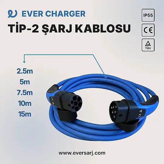Ever Charger TİP 2 Elektrikli Araç Şarj Kablosu Mavi 2.5 m - 3
