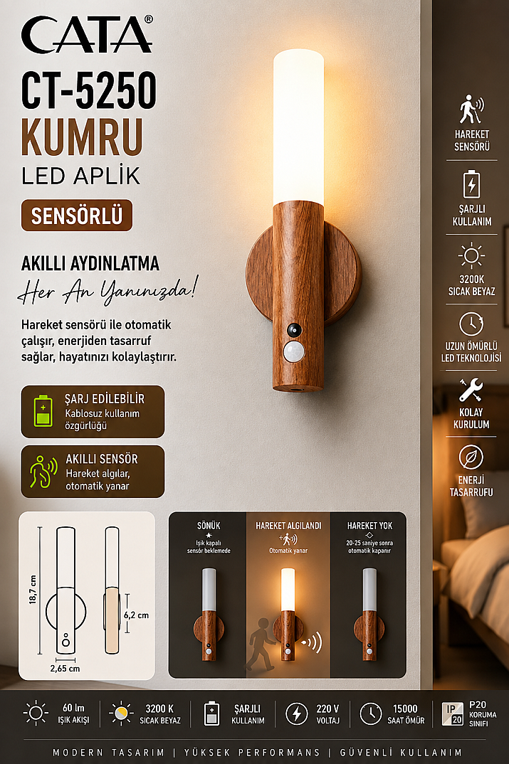 KUMRU ŞARJLI LED DUVAR APLİK GÜNIŞIĞI KAHVERENGİ - 1