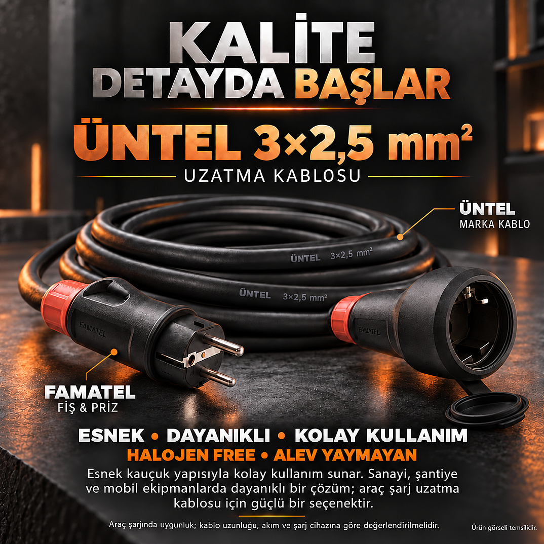 Üntel 3×2,5 mm² 15 Metre Kauçuk Endüstriyel ve Araç Şarj Uzatma Kablosu – Famatel Fiş Prizli, Yüksüklü Bağlantı - 1