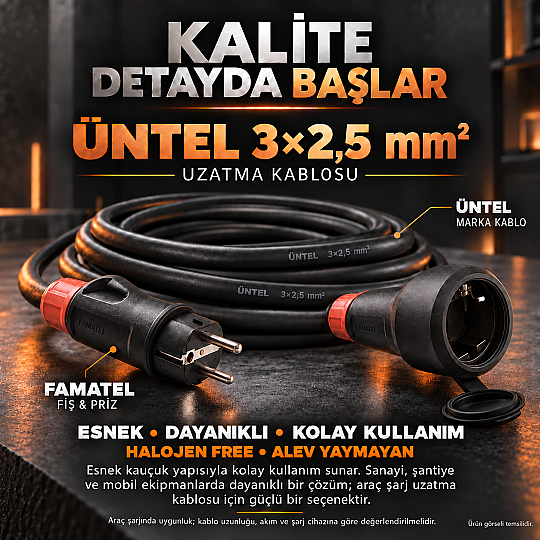 Üntel 3×2,5 mm² 20 Metre Kauçuk Endüstriyel ve Araç Şarj Uzatma Kablosu – Famatel Fiş Prizli, Yüksüklü Bağlantı